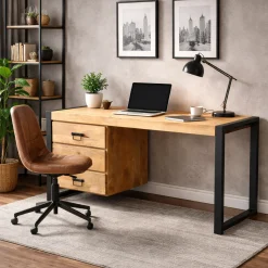 Bureau 3 tiroirs bois clair et structure métal MILORA