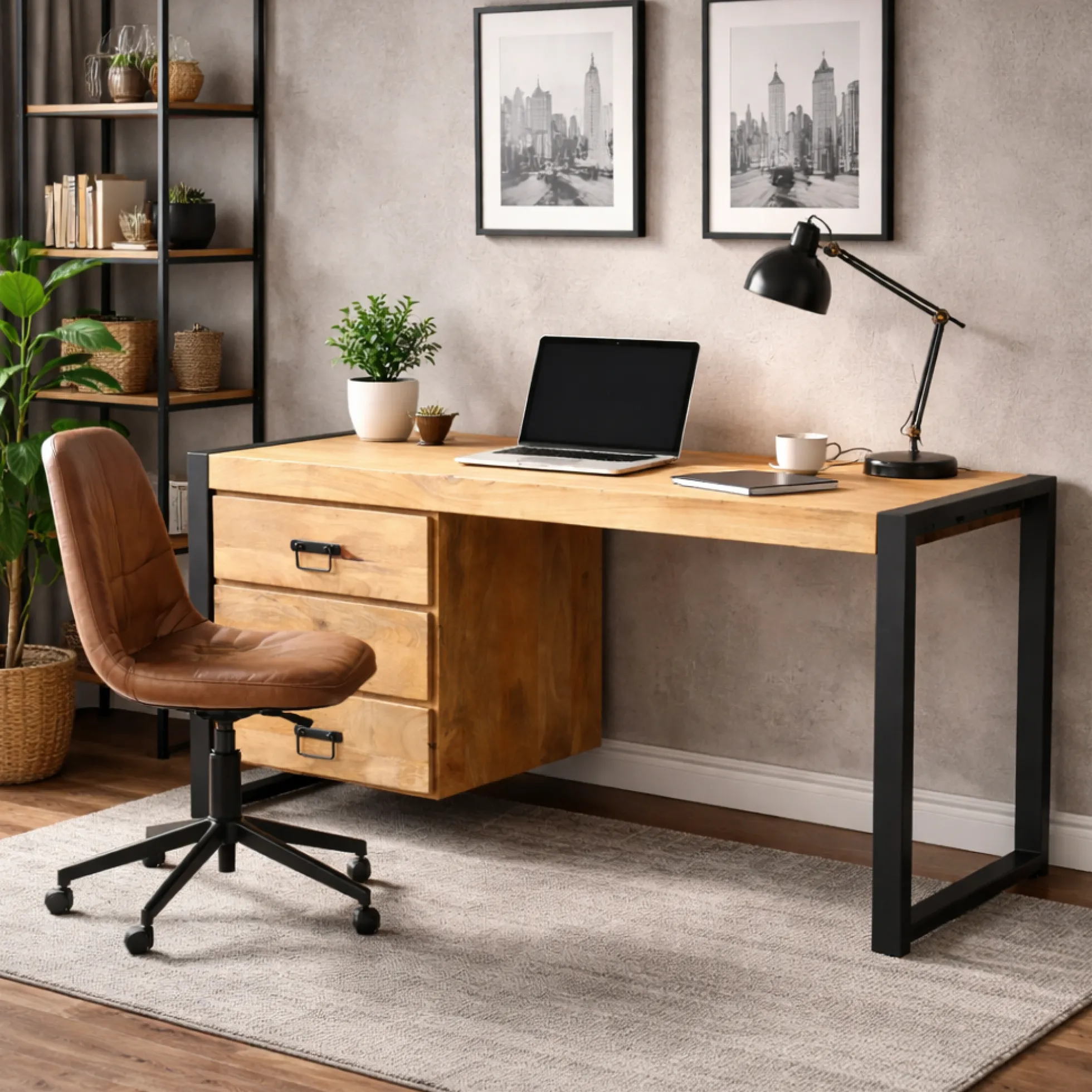 Bureau 3 tiroirs bois clair et structure métal MILORA