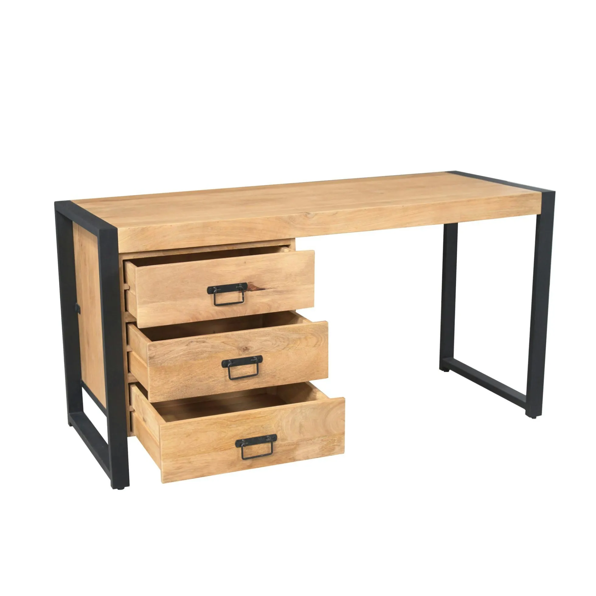 Bureau 3 tiroirs bois clair et structure métal MILORA