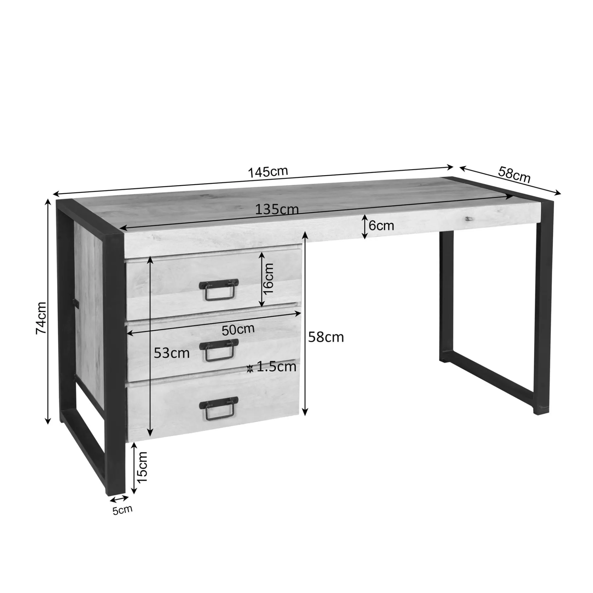 Bureau 3 tiroirs bois clair et structure métal MILORA