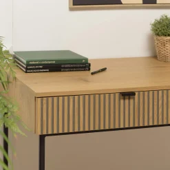 Bureau 2 tiroirs décor effet bois rainuré noir et naturel OLETTA