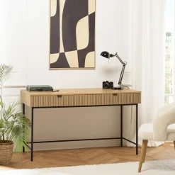 Bureau 2 tiroirs décor effet bois rainuré noir et naturel OLETTA