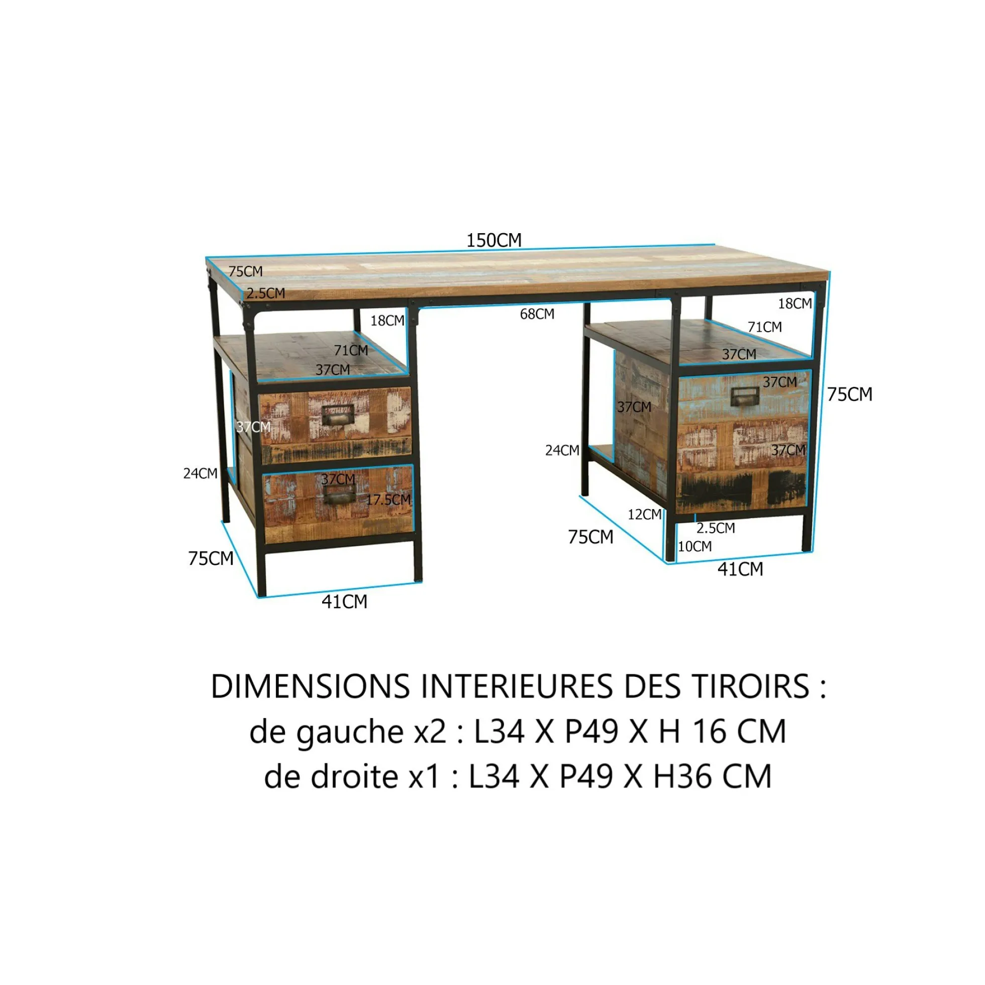 Bureau 3 tiroirs, 2 niches ouvertes en Hévéa recyclé naturel et métal 150x75x75cm LOFT