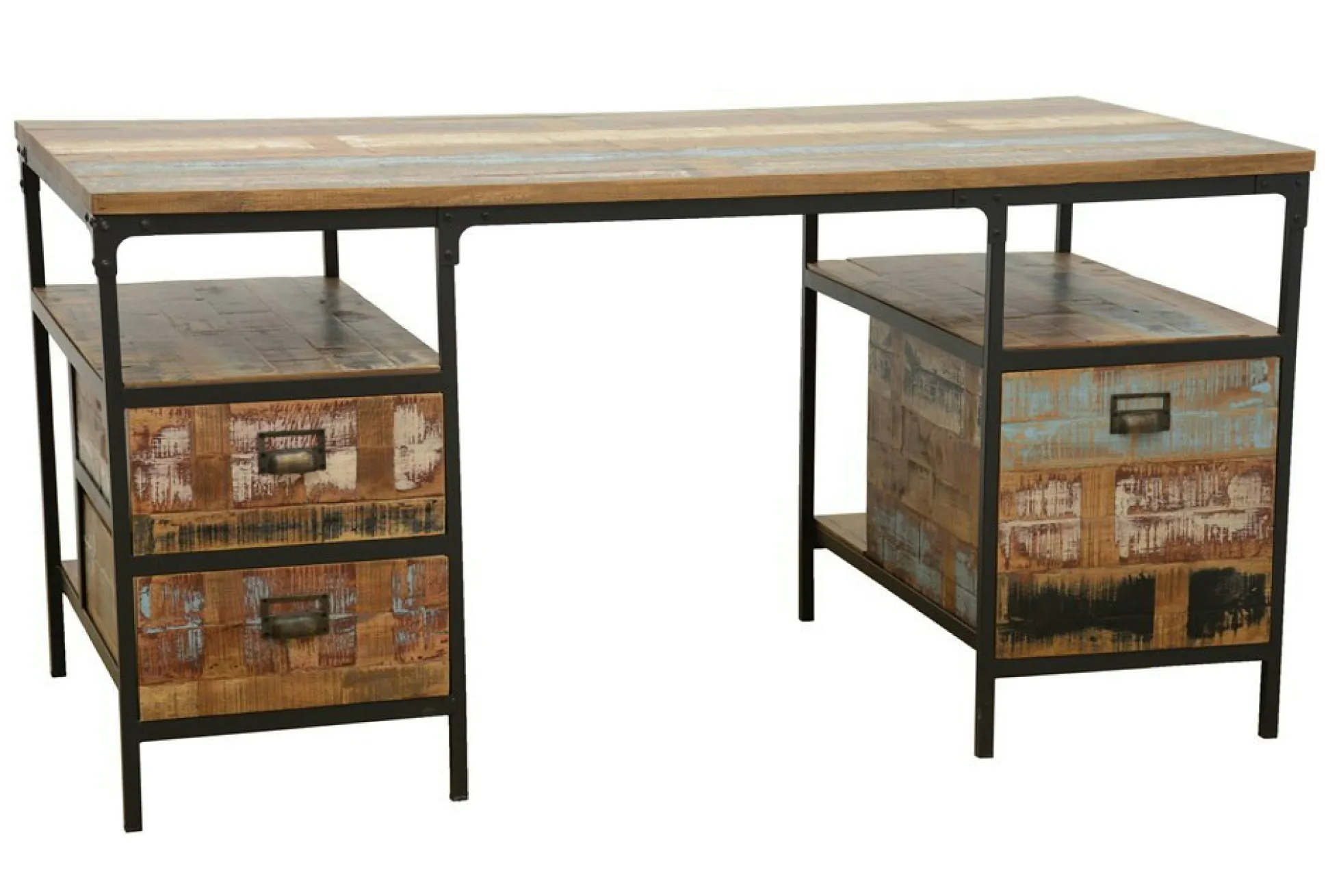 Bureau 3 tiroirs, 2 niches ouvertes en Hévéa recyclé coloré et métal 150x75x75cm LOFT COLORS