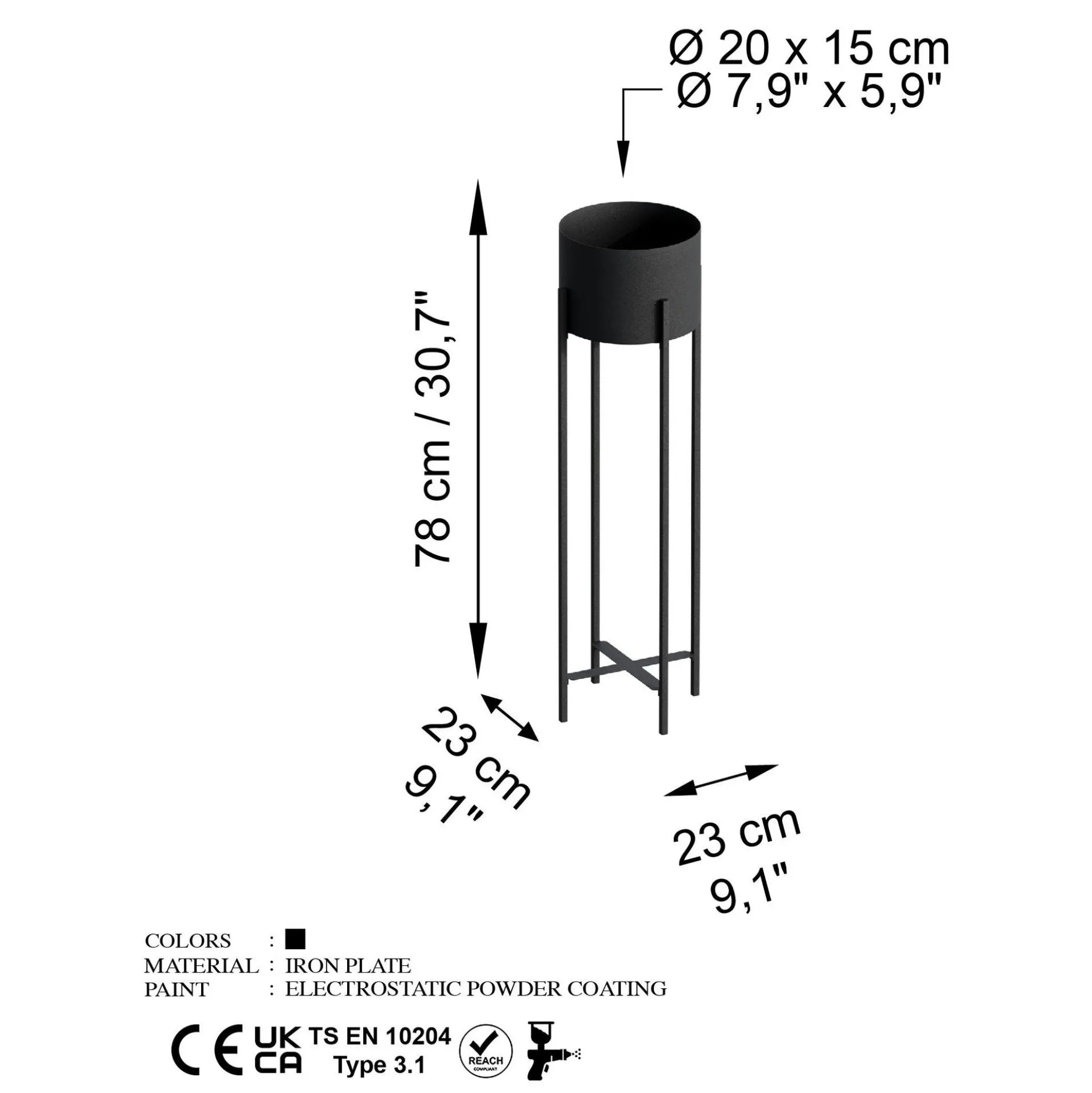 Cache-pot sur pied en métal noir – style moderne, 78 cm