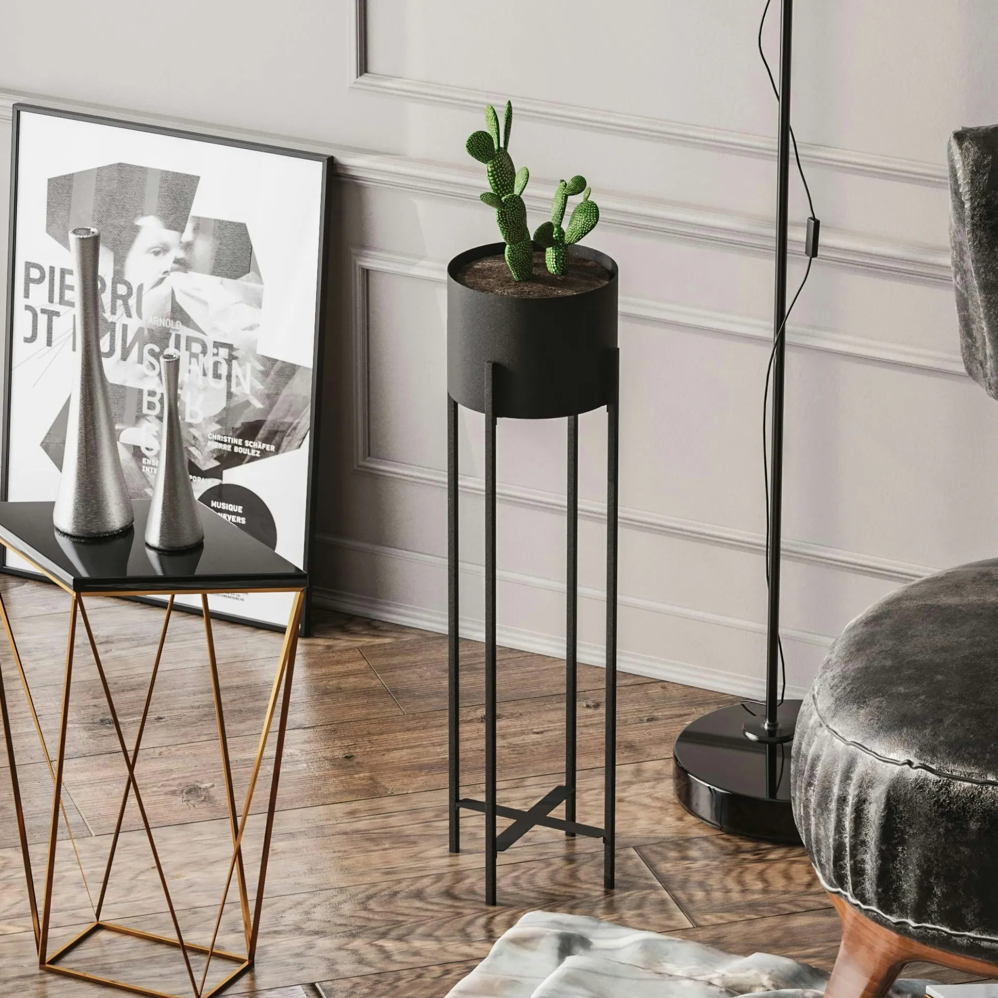 Cache-pot sur pied en métal noir – style moderne, 78 cm