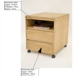 Caisson de bureau roulettes hévéa 2 tiroirs 60cm OLGA