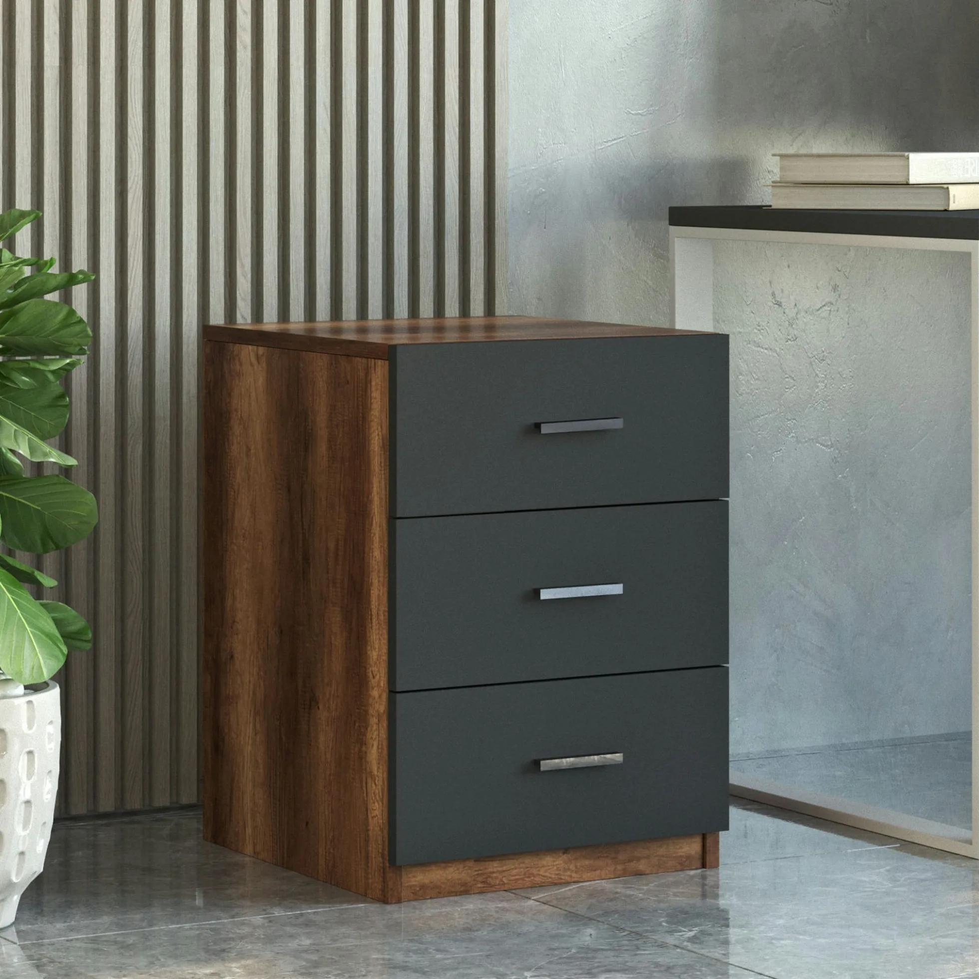 Caisson de bureau 3 tiroirs effet noyer et gris MARFA