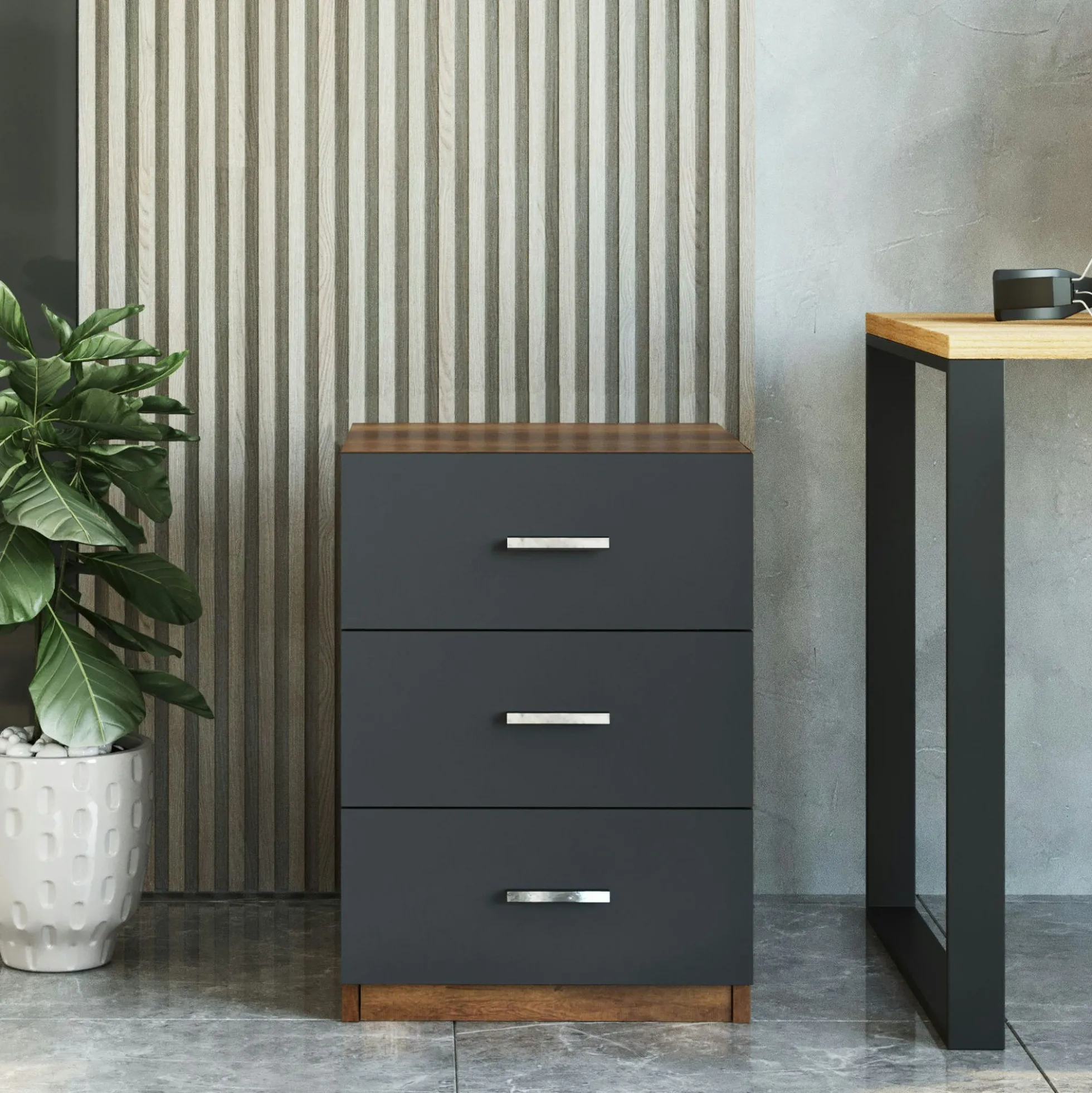 Caisson de bureau 3 tiroirs effet noyer et gris MARFA