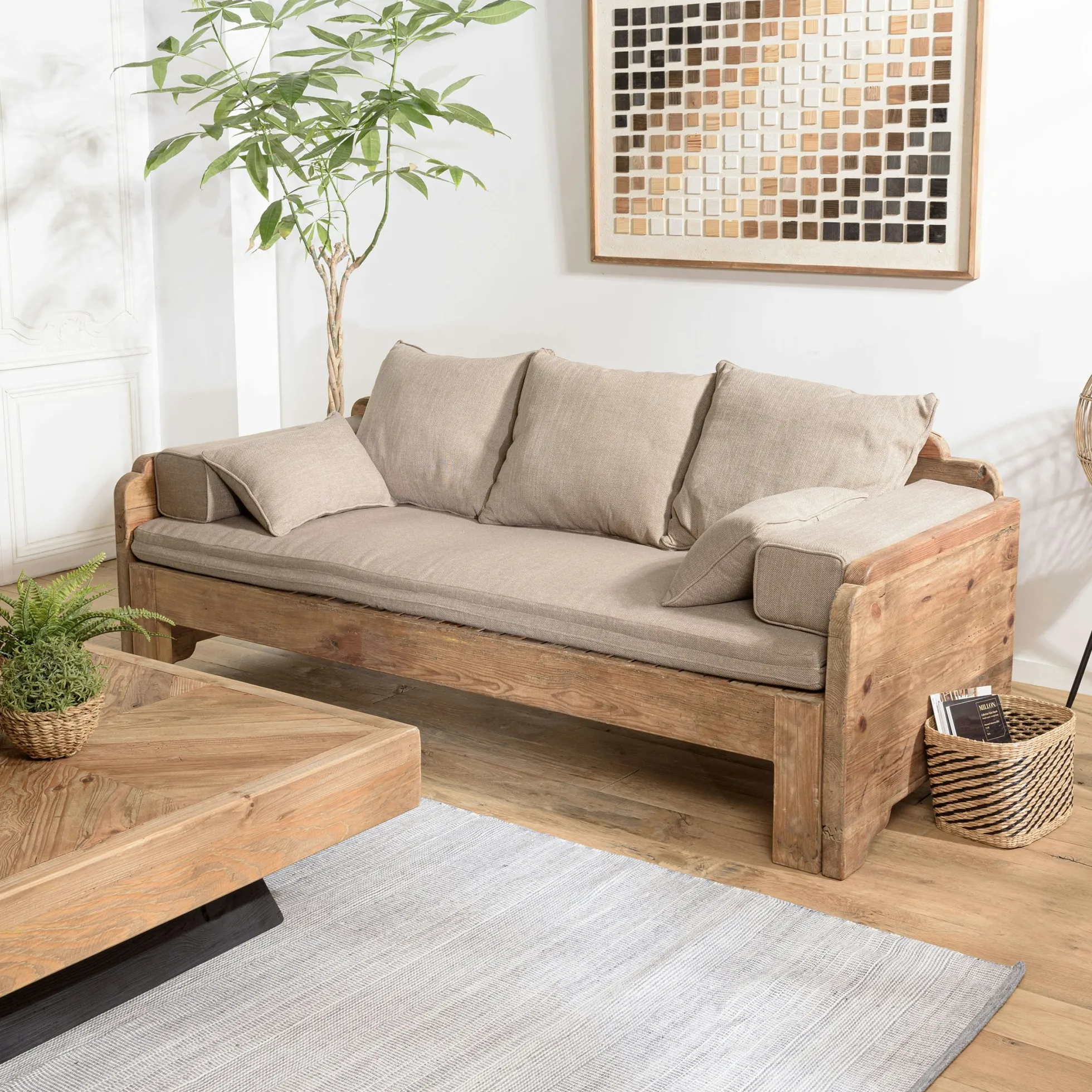 Canapé convertible en bois recyclé coussins taupe DENVER