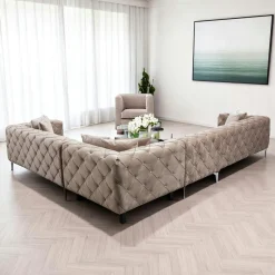 Canapé d'angle beige en velours capitonné - côté droit DOVER