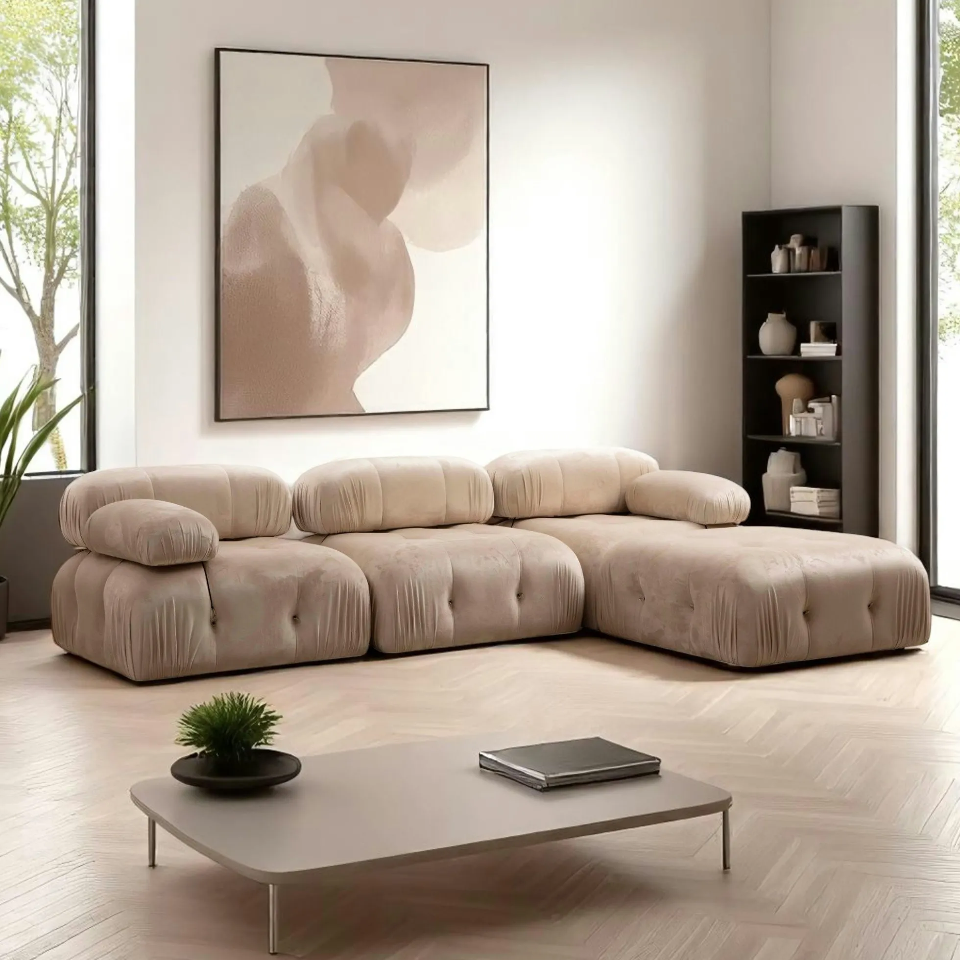Canapé d'angle modulable beige - tissu velours RONDA