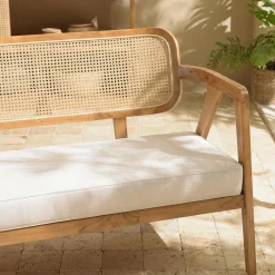 Canapé exotique 2 places dossier cannage teck et coussin gris MANAK