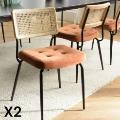 Chaise assise velours orange capitonné dossier cannage (lot de 2) TIM