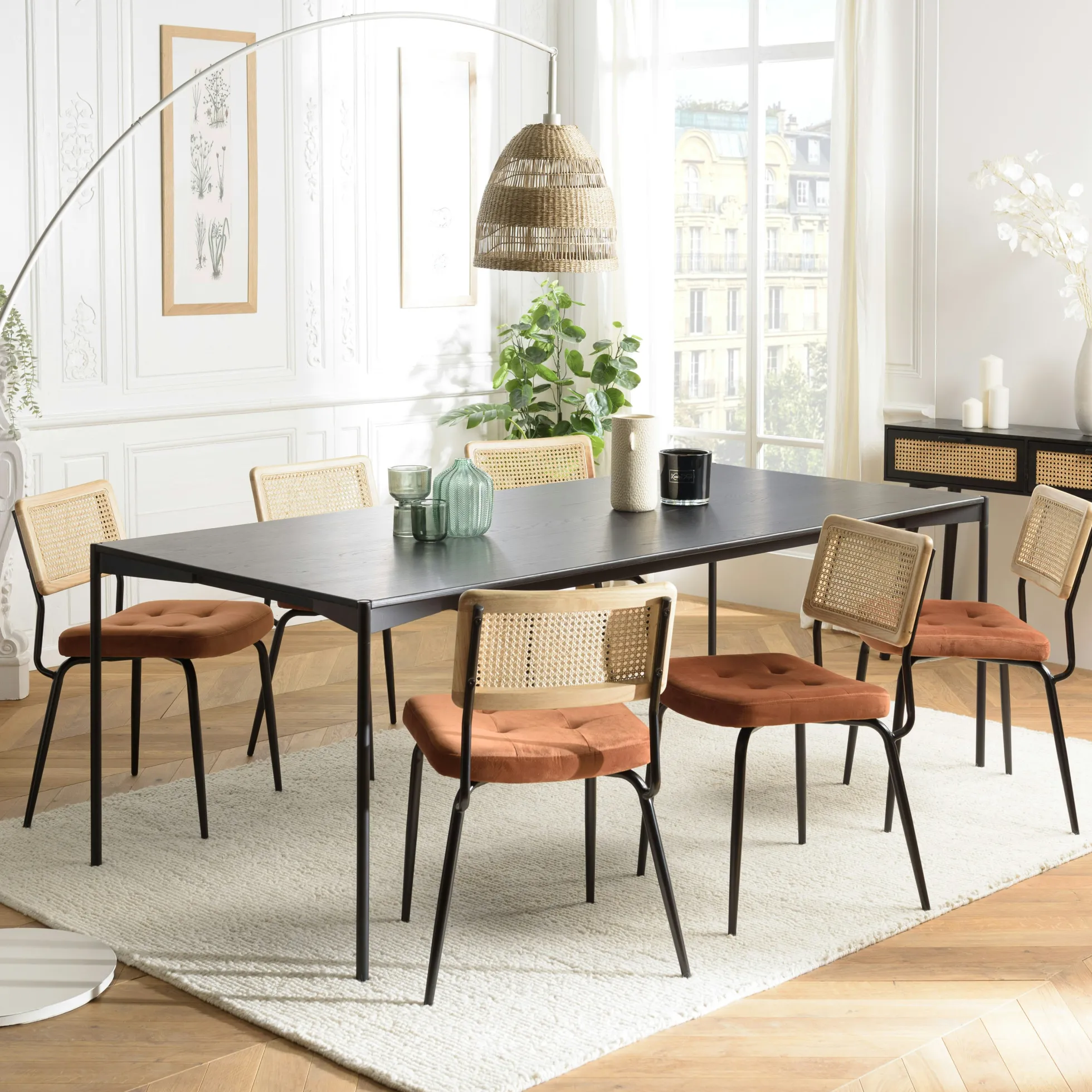 Chaise assise velours orange capitonné dossier cannage (lot de 2) TIM