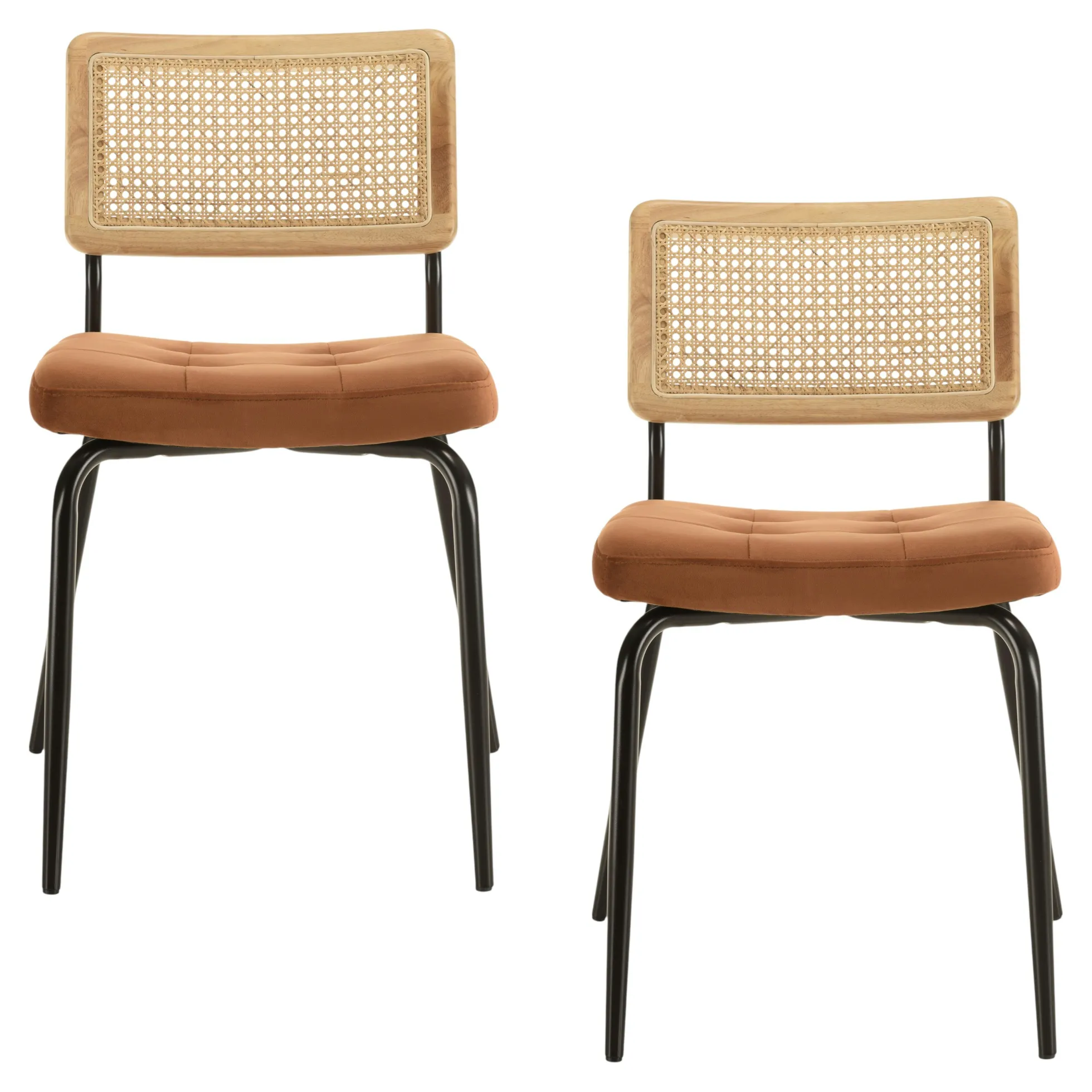 Chaise assise velours orange capitonné dossier cannage (lot de 2) TIM