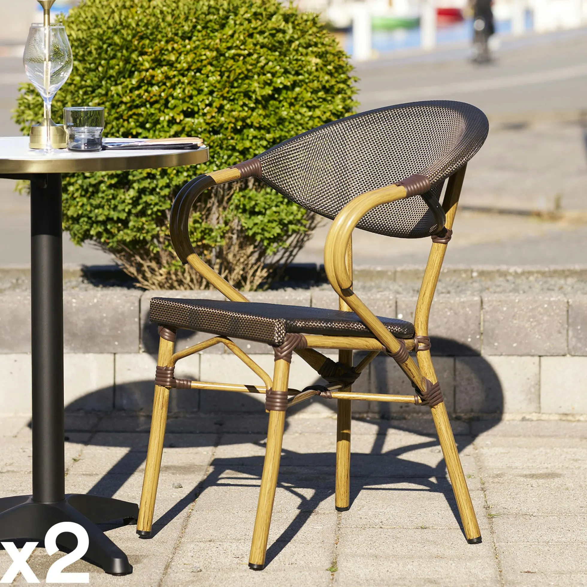 Chaise bistrot en textilène brun et bambou (lot de 2)