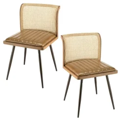 Chaise bois et cannage assise cuir havane (lot de 2) TIM
