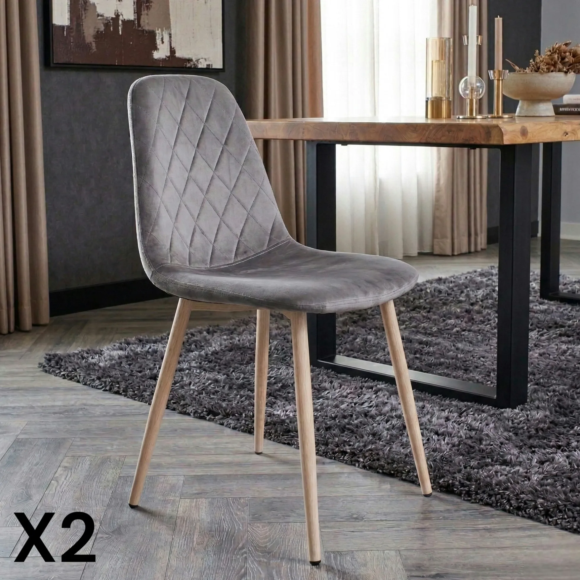 Chaise capitonnée velours gris taupe HAWAI (lot de 2)