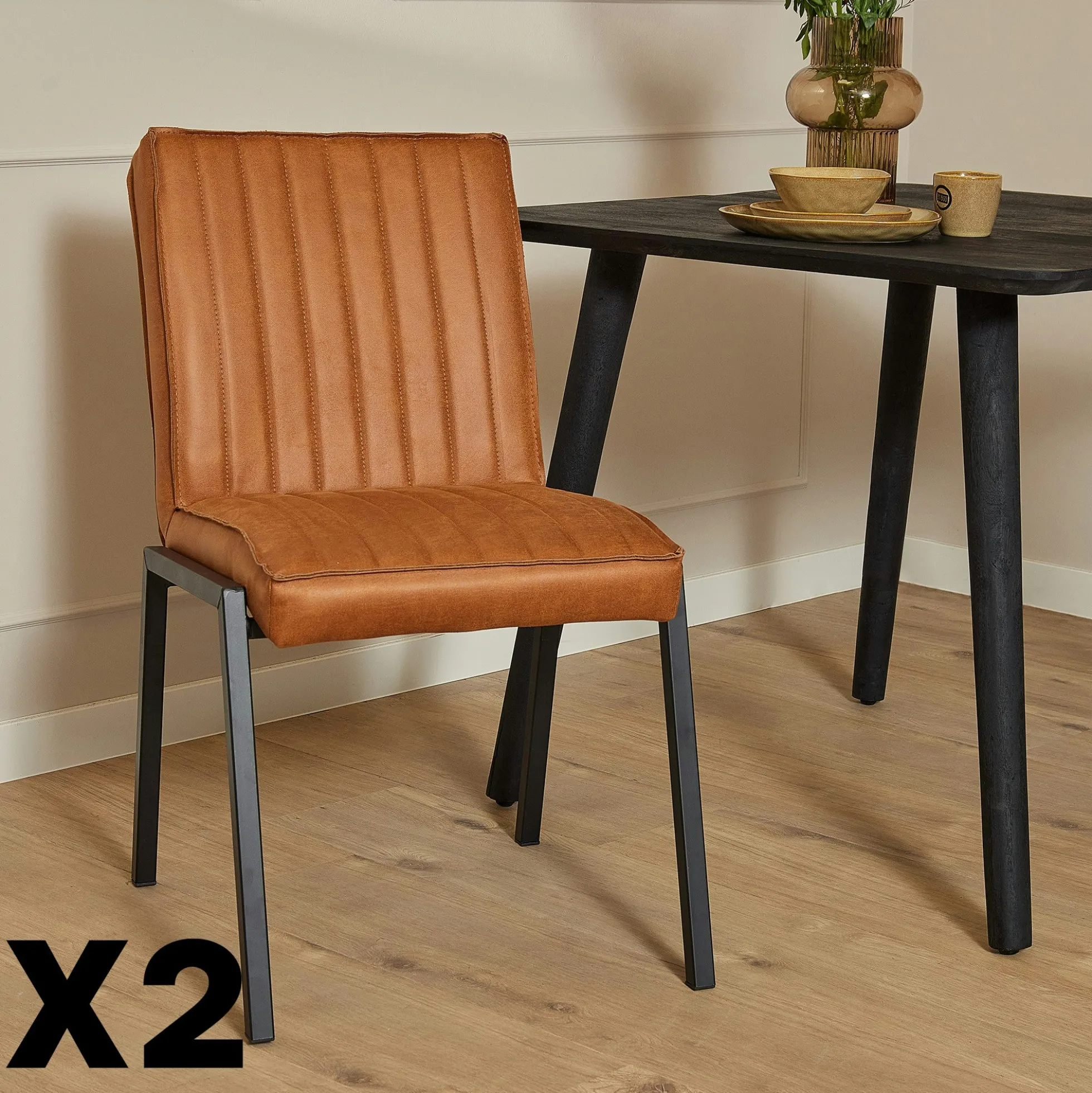 Chaise cognac rembourrée à bandes (lot de 2) CORTINA