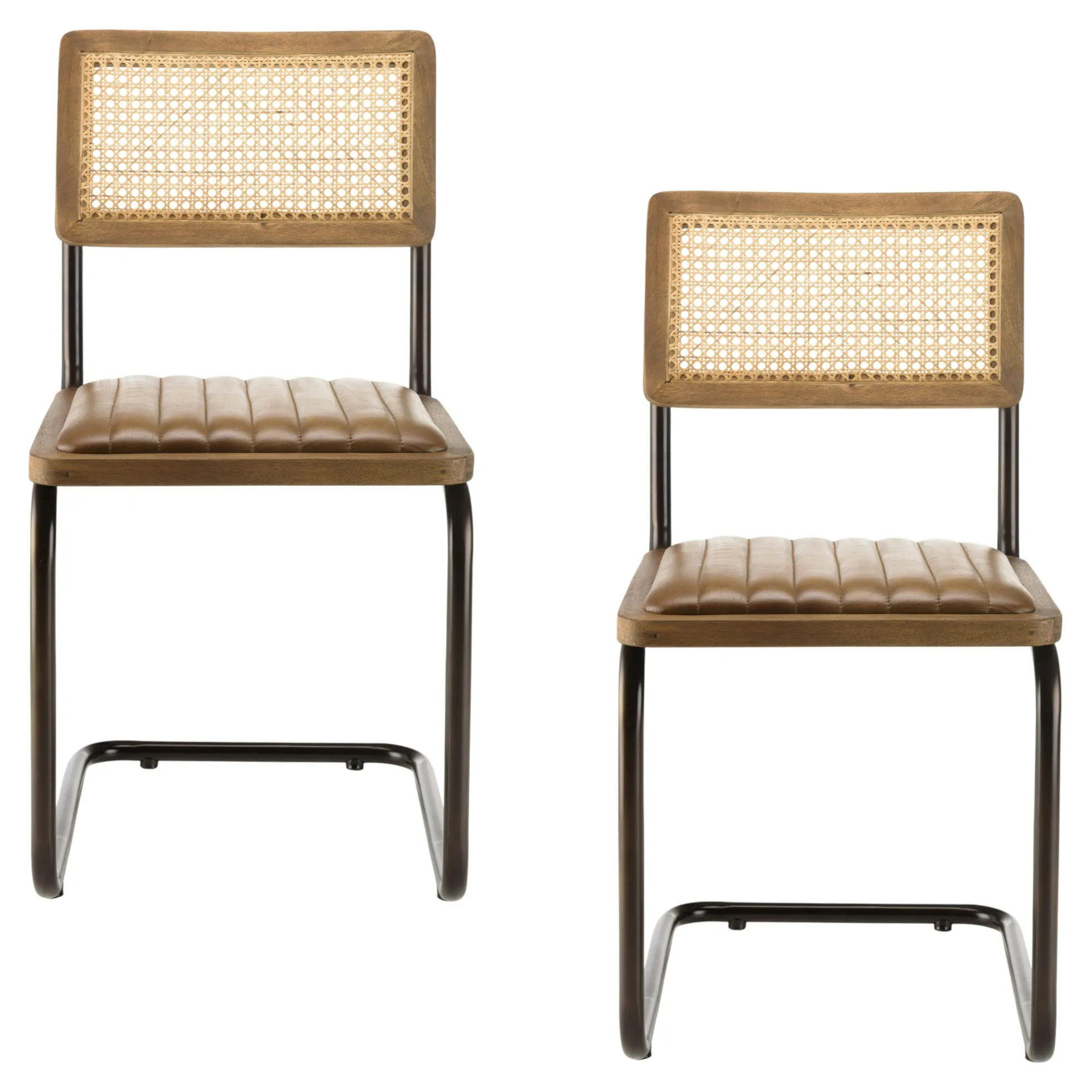 Chaise cuir et rotin havane pied luge (lot de 2) TIM