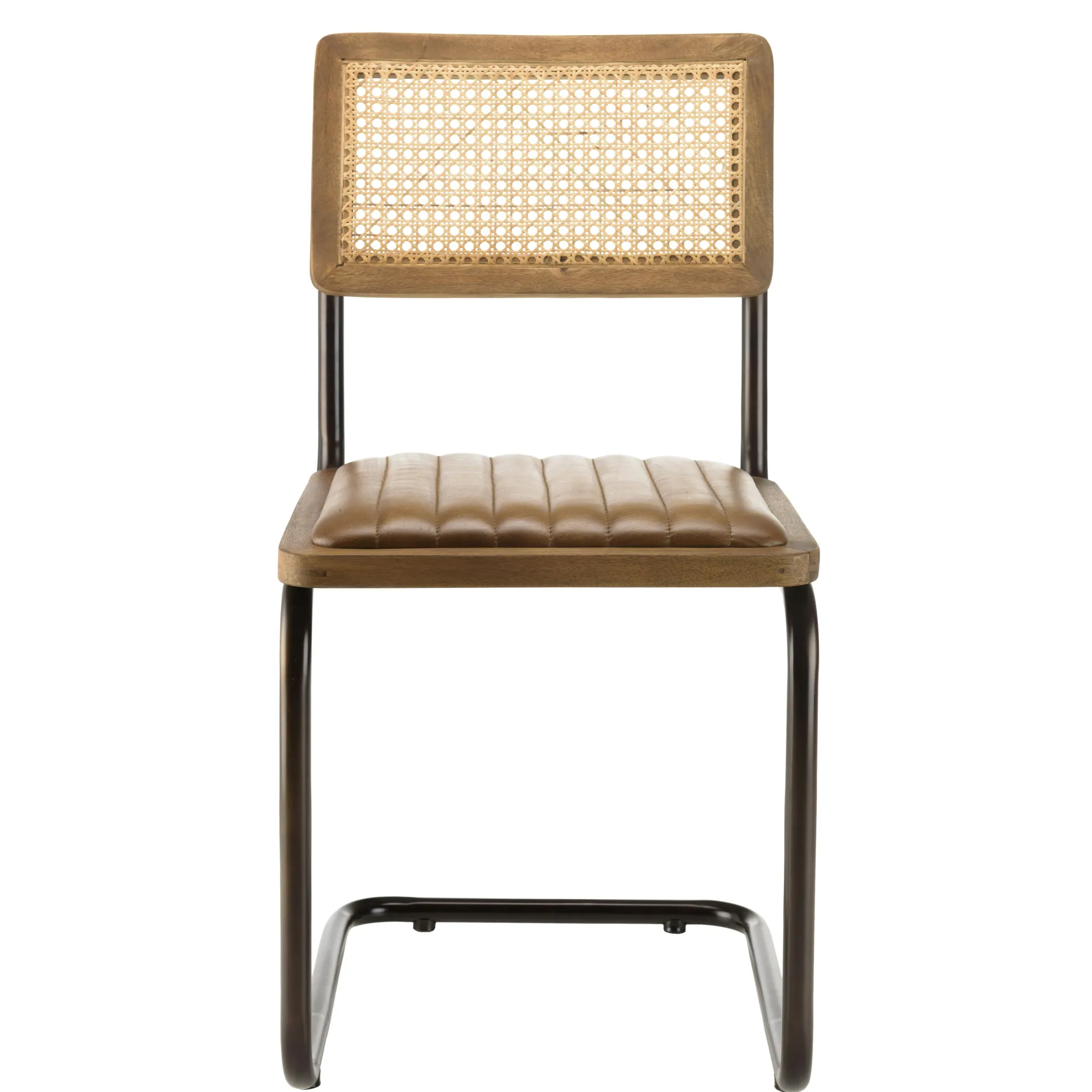 Chaise cuir et rotin havane pied luge (lot de 2) TIM