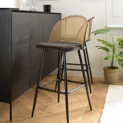 Chaise de bar assise velours noir dossier rotin arrondi (lot de 2) LOANO