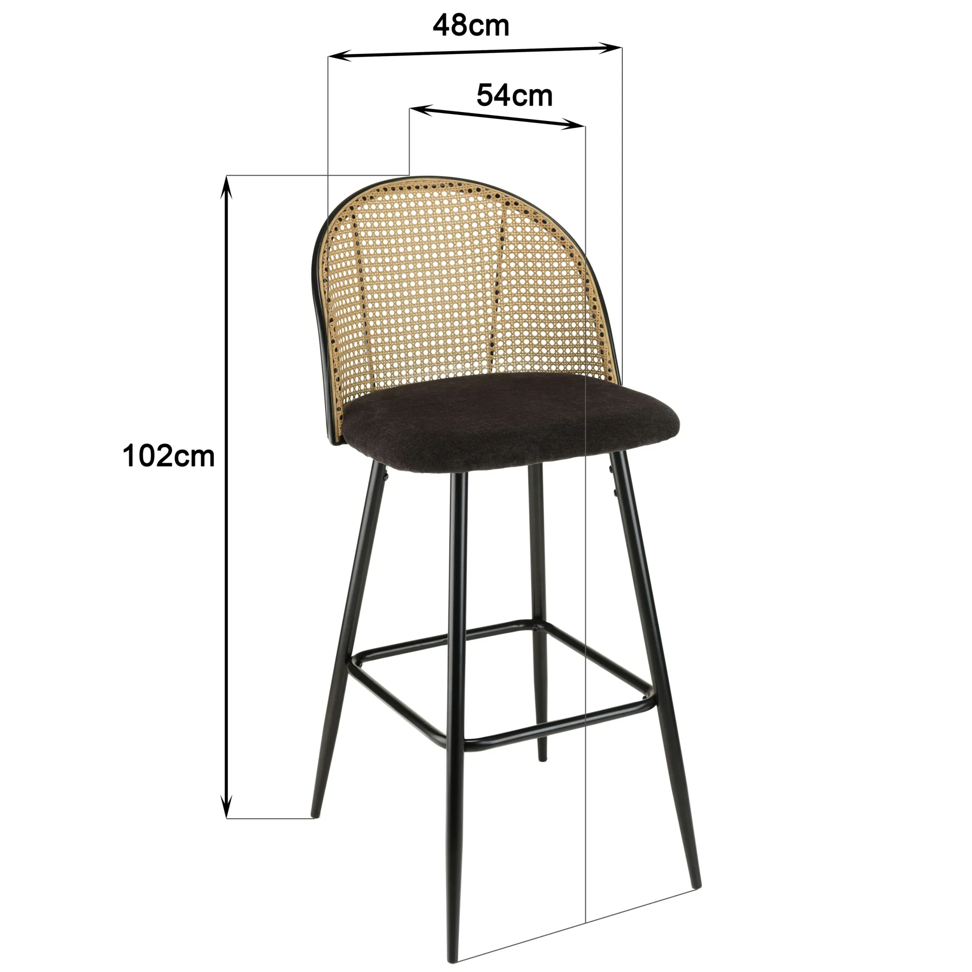Chaise de bar assise velours noir dossier rotin arrondi (lot de 2) LOANO