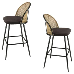 Chaise de bar assise velours noir dossier rotin arrondi (lot de 2) LOANO