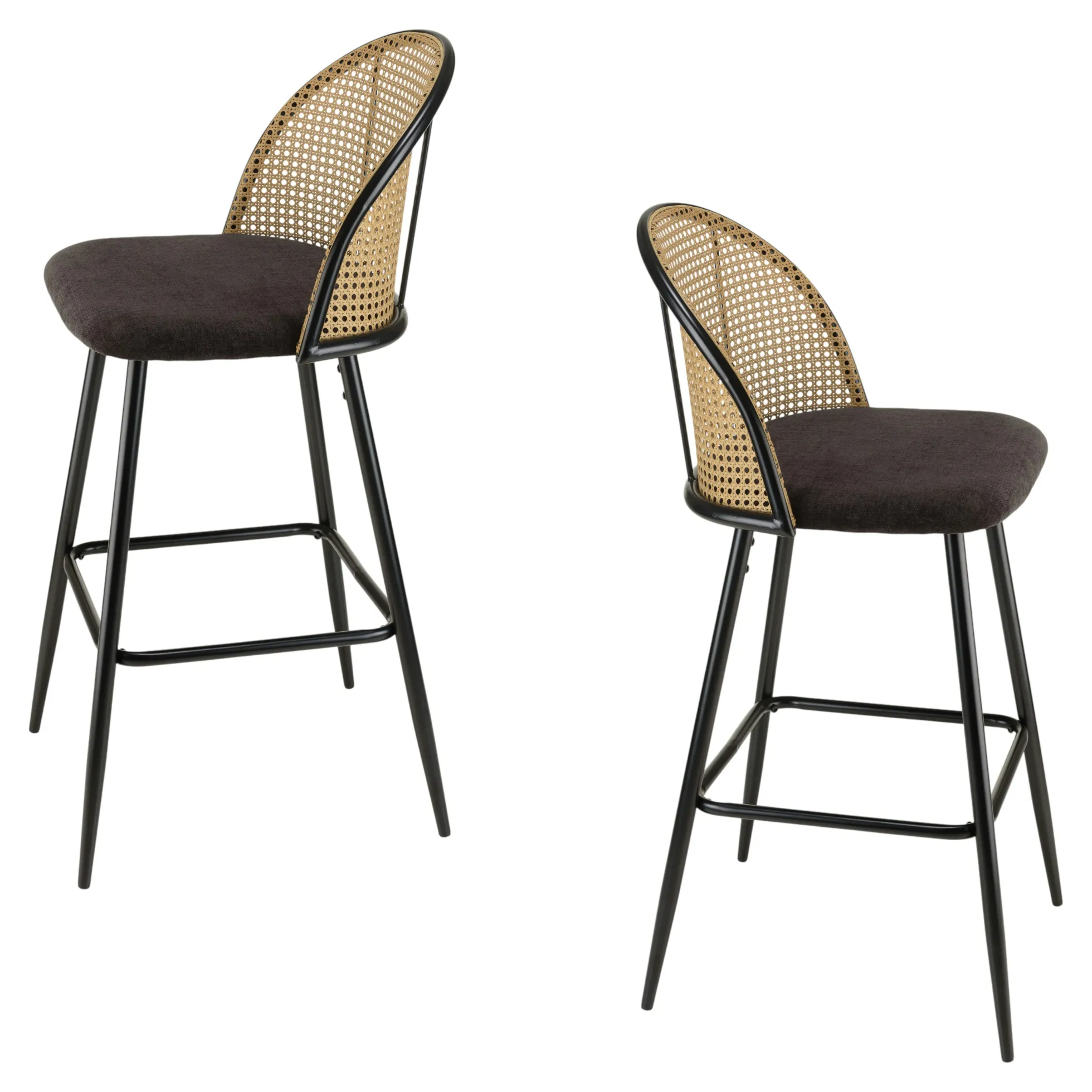Chaise de bar assise velours noir dossier rotin arrondi (lot de 2) LOANO
