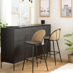 Chaise de bar assise velours noir dossier rotin arrondi (lot de 2) LOANO