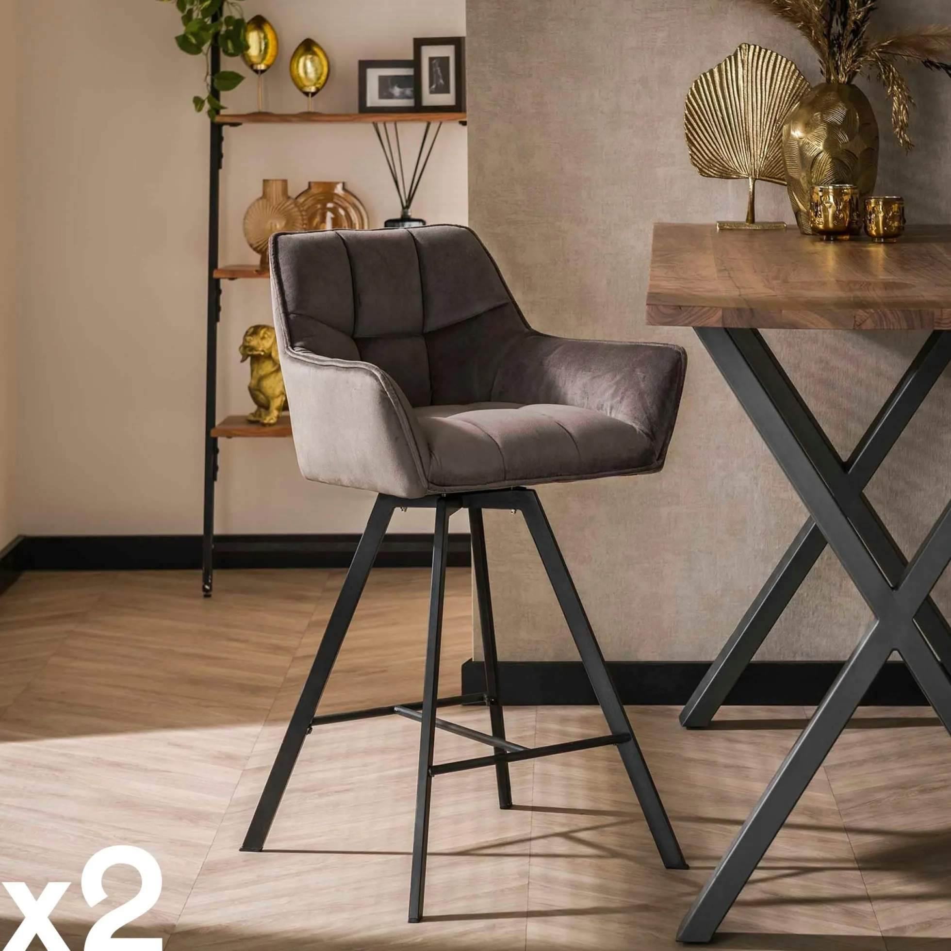 Chaise de bar confortable en velours gris avec fonction pivotante (lot de 2) MELBOURNE