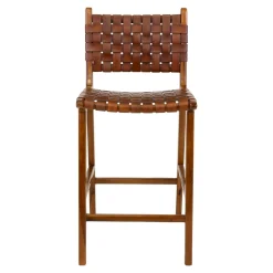 Chaise de bar en bois de teck et cuir marron MENDOZA