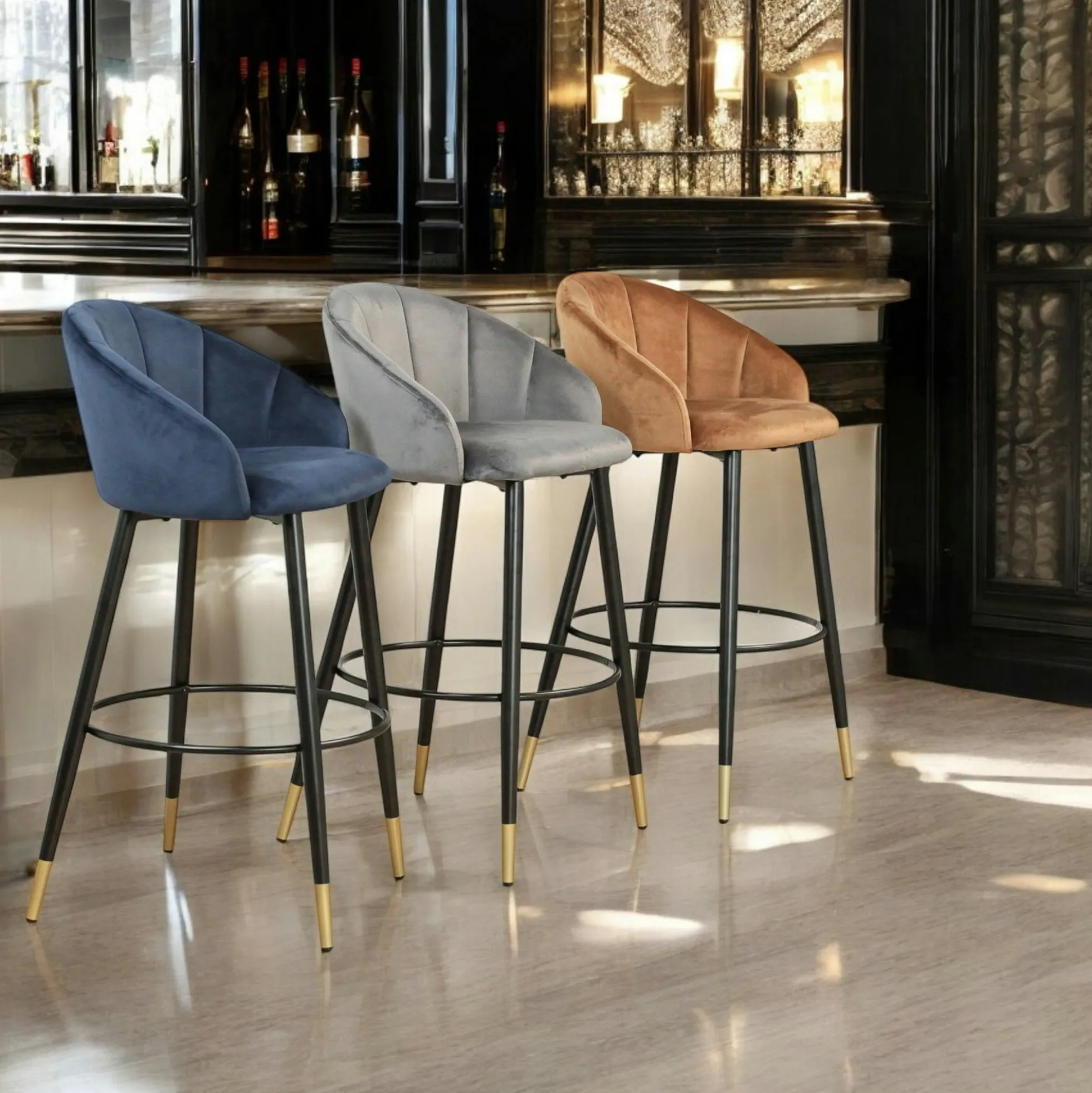 Chaise de bar en velours bleu forme coquillage (lot de 2) HAWAI