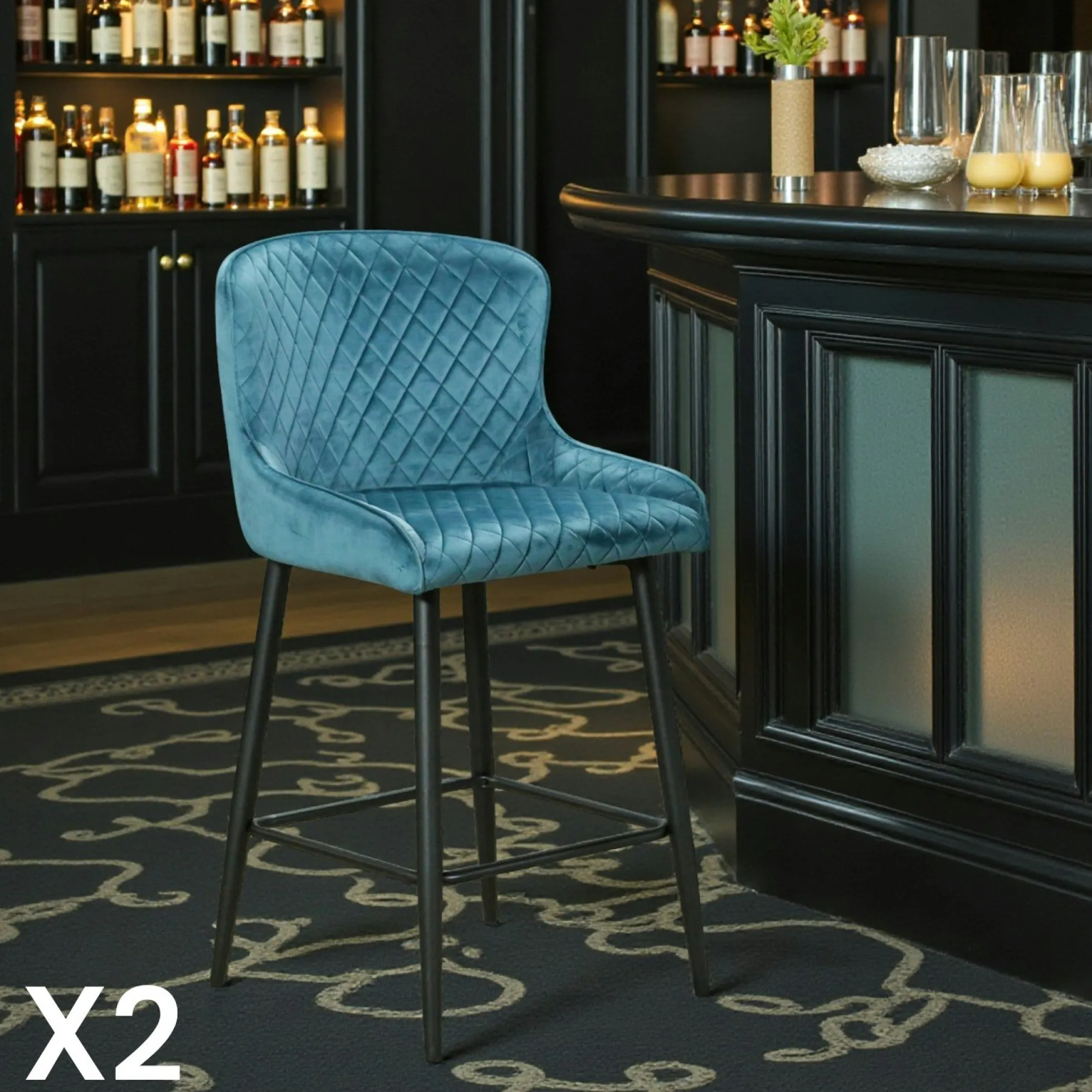 Chaise de bar en velours bleu (lot de 2) ARLINGTON