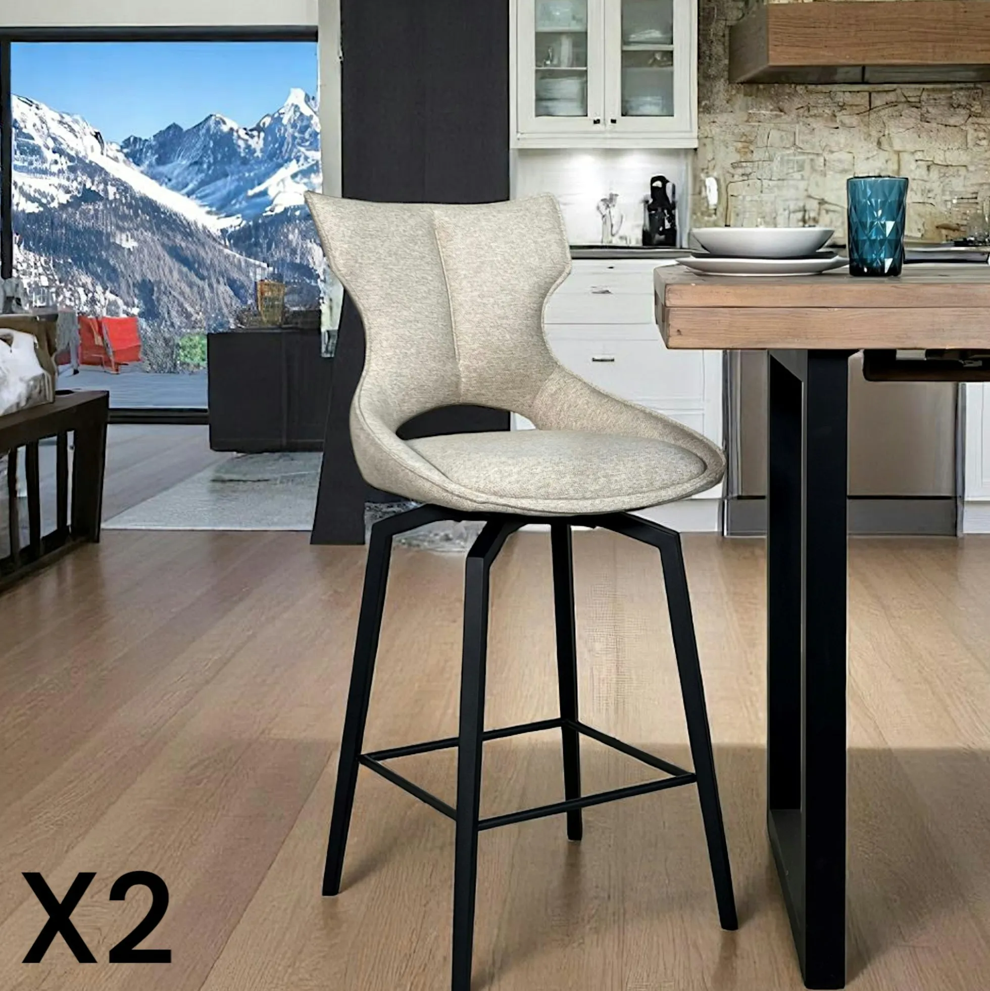 Chaise de bar pivotante tissu beige (lot de 2) LOMBARDIE