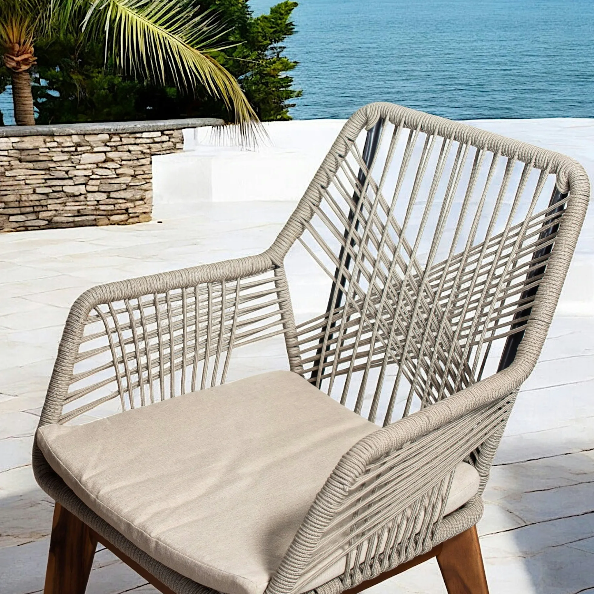 Chaise de jardin beige en corde tressée et pieds bois FSC® (lot de 2) GRENADE