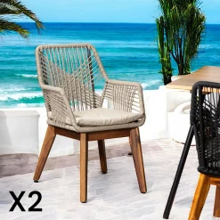 Chaise de jardin beige en corde tressée et pieds bois FSC® (lot de 2) GRENADE