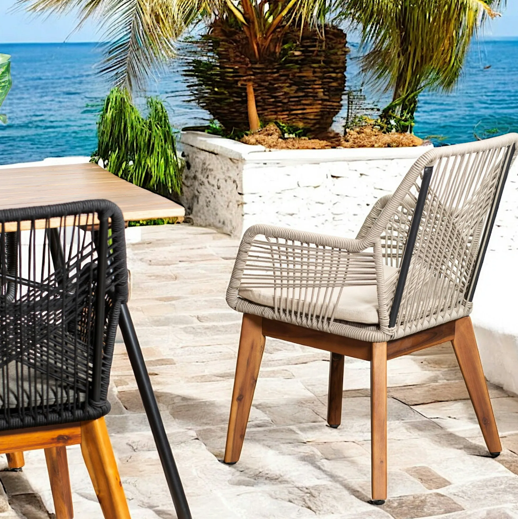 Chaise de jardin beige en corde tressée et pieds bois FSC® (lot de 2) GRENADE