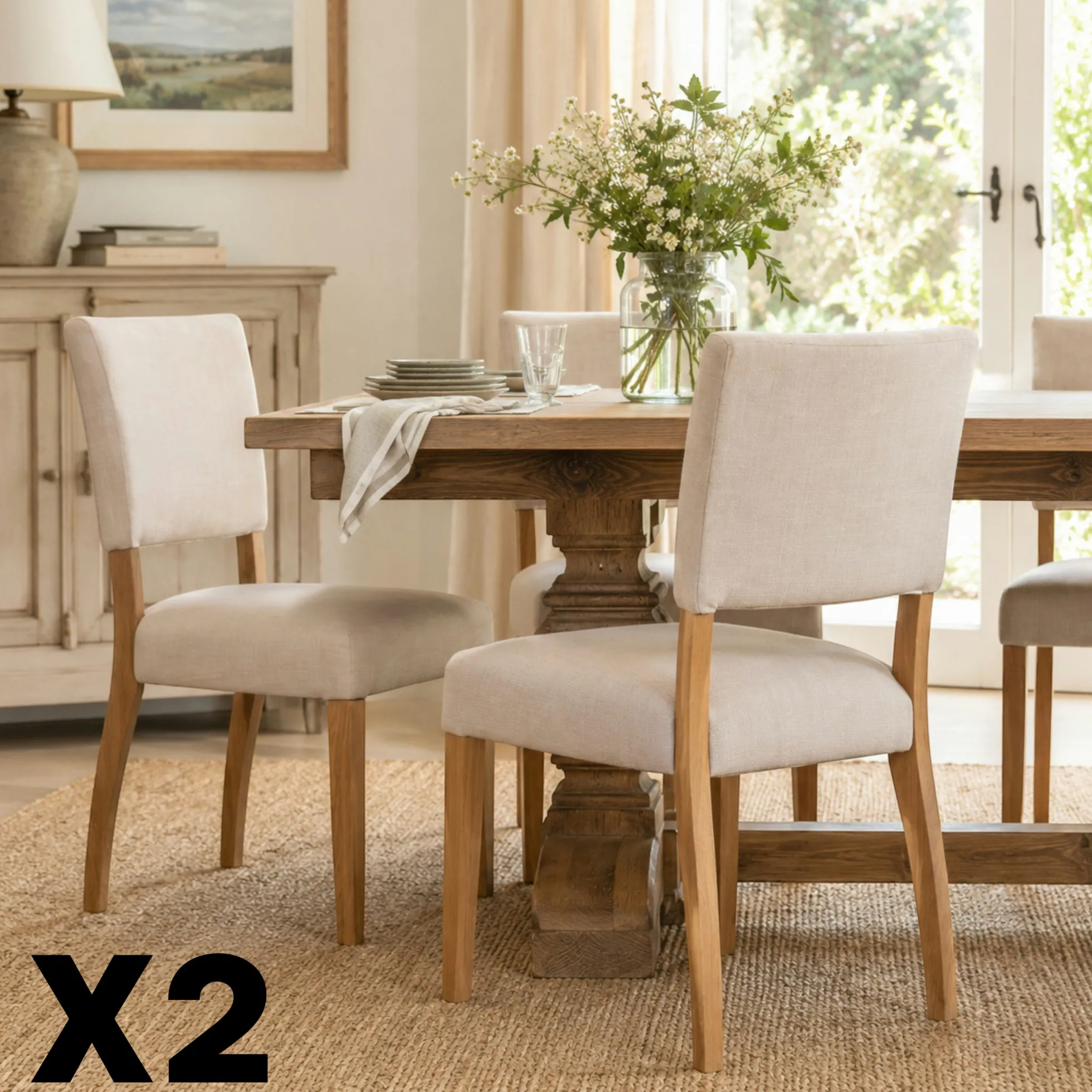 Chaise de salle à manger tissu écru et bois (x2) VELIA