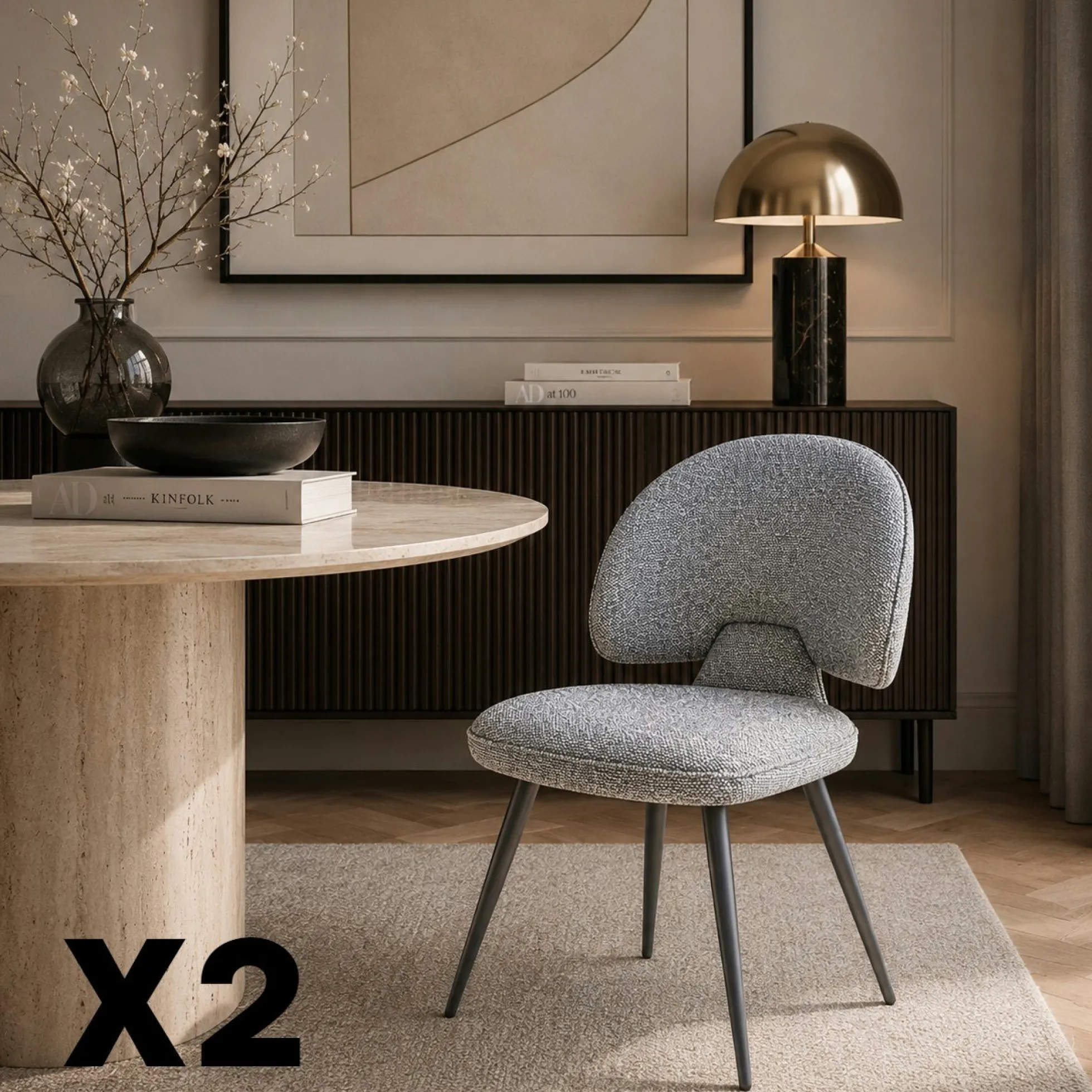 Chaise design tissu gris dossier arrondi (x2) LOMBARDIE