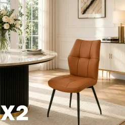 Chaise en cuir cognac design damier (lot de 2) LOMBARDIE