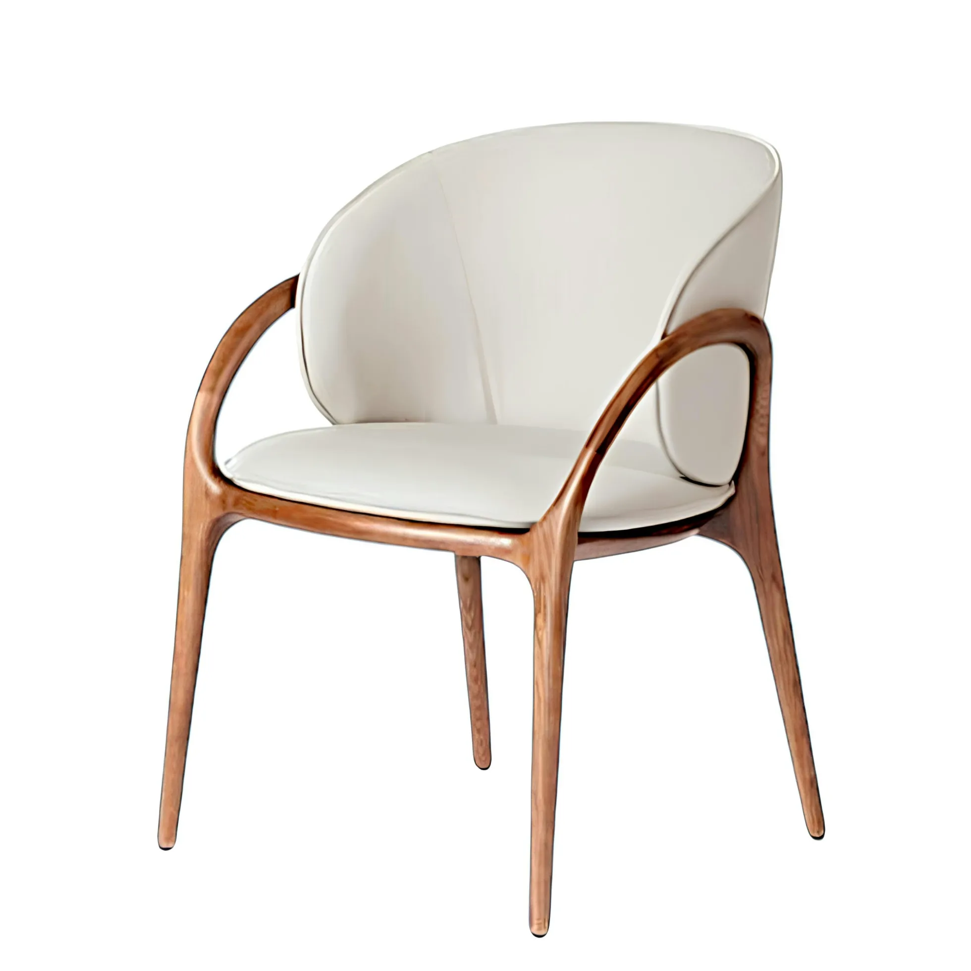 Chaise en cuir gris clair dos rond accoudoirs bois brun ALDER