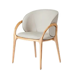 Chaise en cuir gris clair dos rond accoudoirs bois clair ALDER