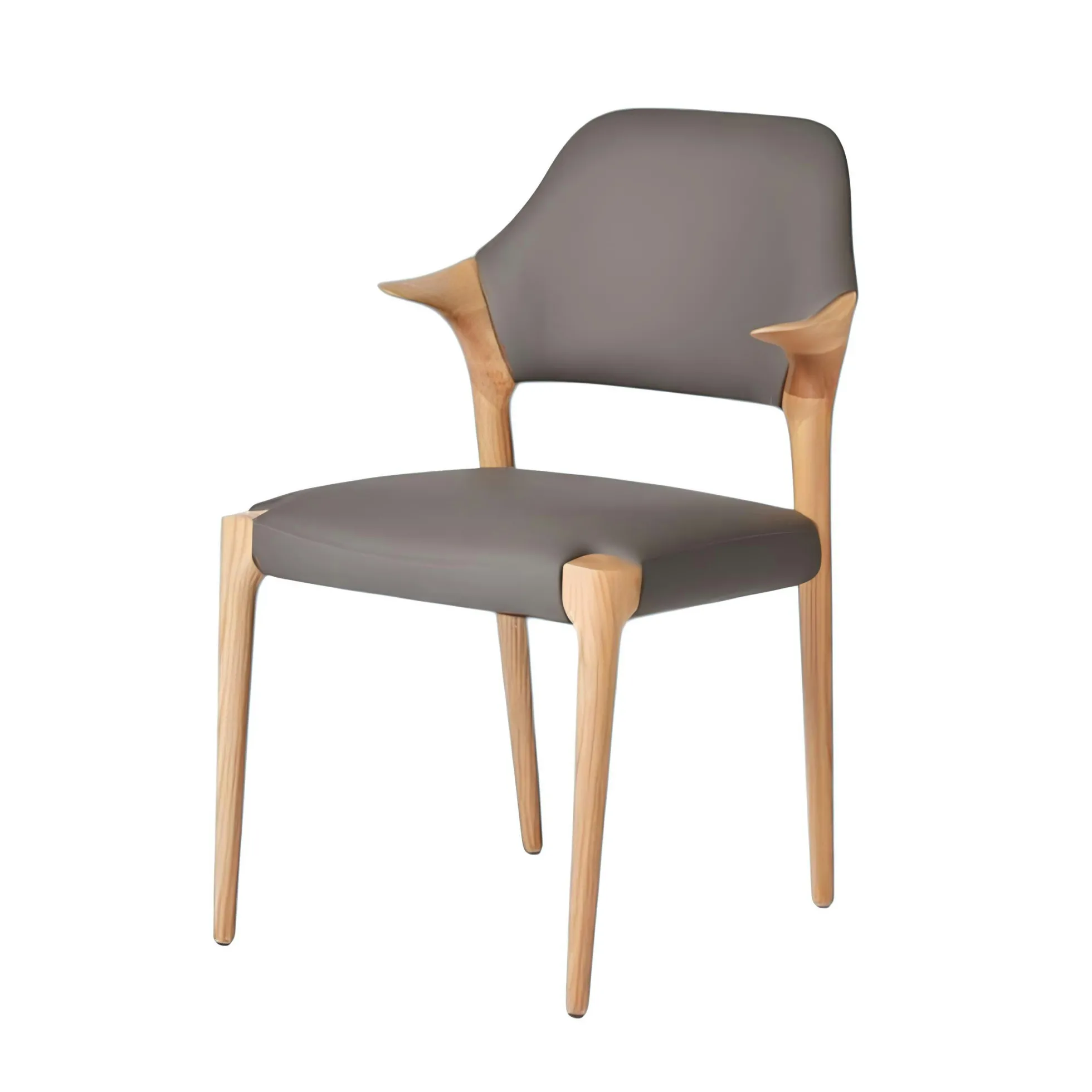 Chaise en cuir gris foncé design, accoudoirs bois clair ALDER