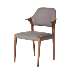 Chaise en cuir gris foncé design, accoudoirs bois brun ALDER