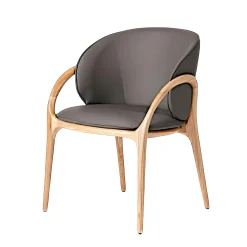 Chaise en cuir gris foncé dos rond accoudoirs bois clair ALDER