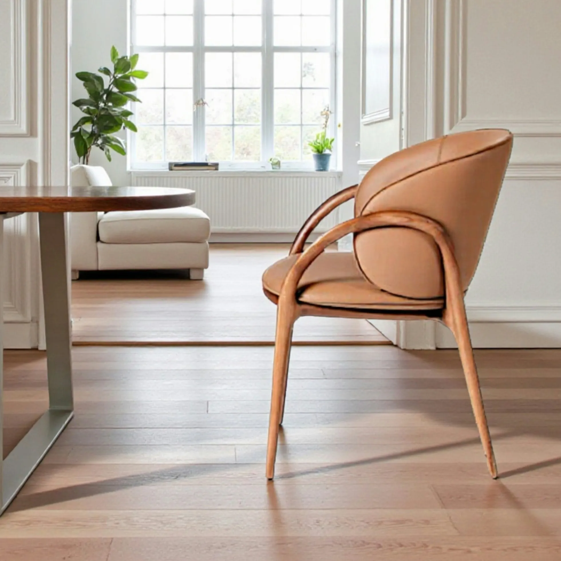 Chaise en cuir marron dos rond accoudoirs bois brun ALDER