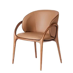 Chaise en cuir marron dos rond accoudoirs bois brun ALDER