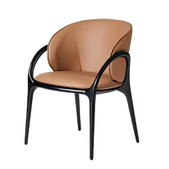 Chaise en cuir marron dos rond accoudoirs bois noir ALDER